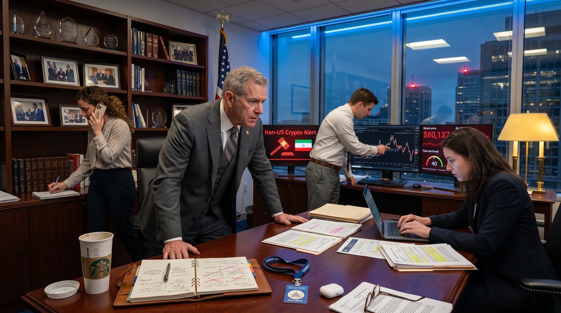Senate office with blockchain sanction maps and crypto price charts amid regulatory tension