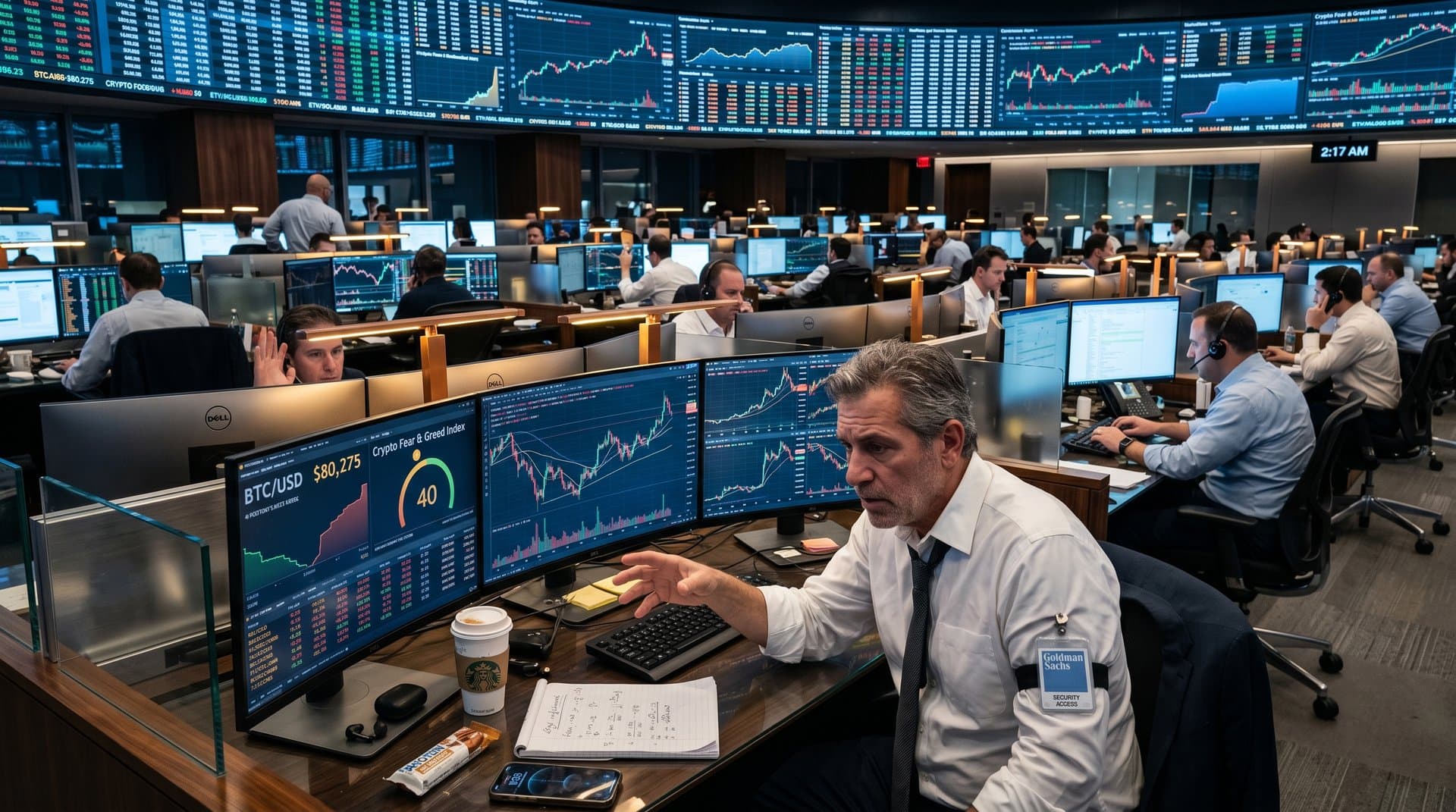 Trader at Goldman Sachs desk with Bloomberg screens showing Bitcoin and Fear Index amid AI workforce shifts