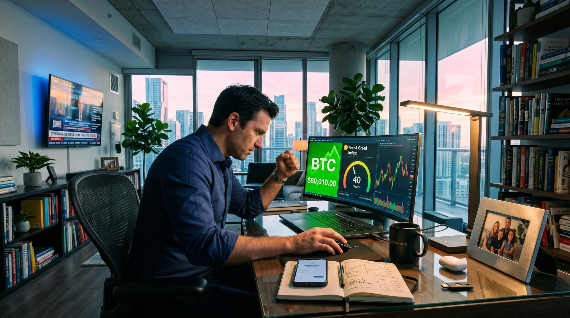 Family in home office monitors Bitcoin at $80,010, Fear & Greed Index at 40, amid charts and coffee mugs evoking personal crypto stakes.