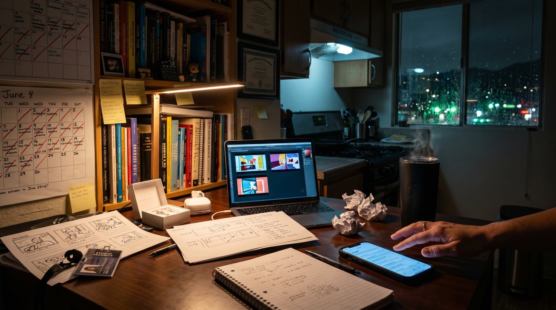 Storyboard artist in dimly lit apartment reviews AI rejections amid sketches and screens, evoking Hollywood job loss tension