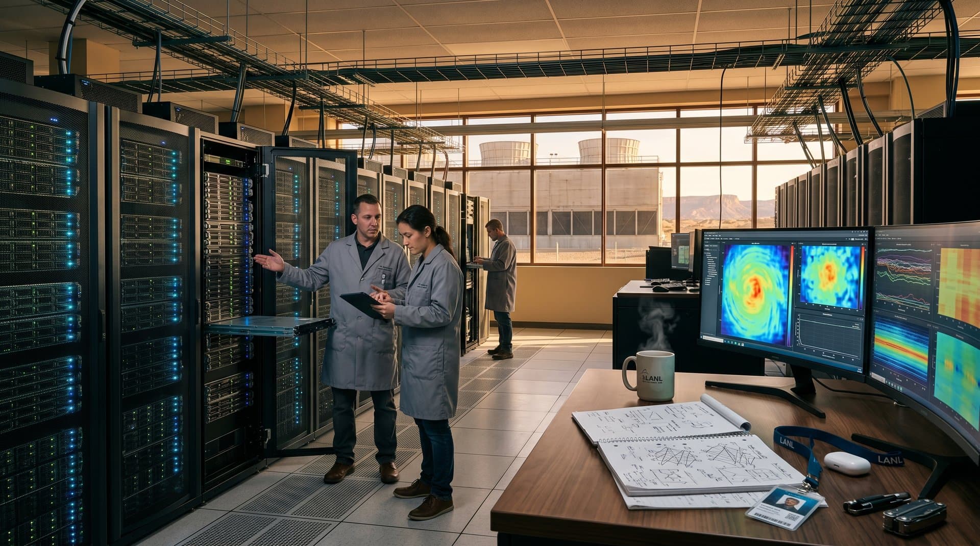 Server racks and cooling towers in Los Alamos National Lab data center amid New Mexico desert drought landscape