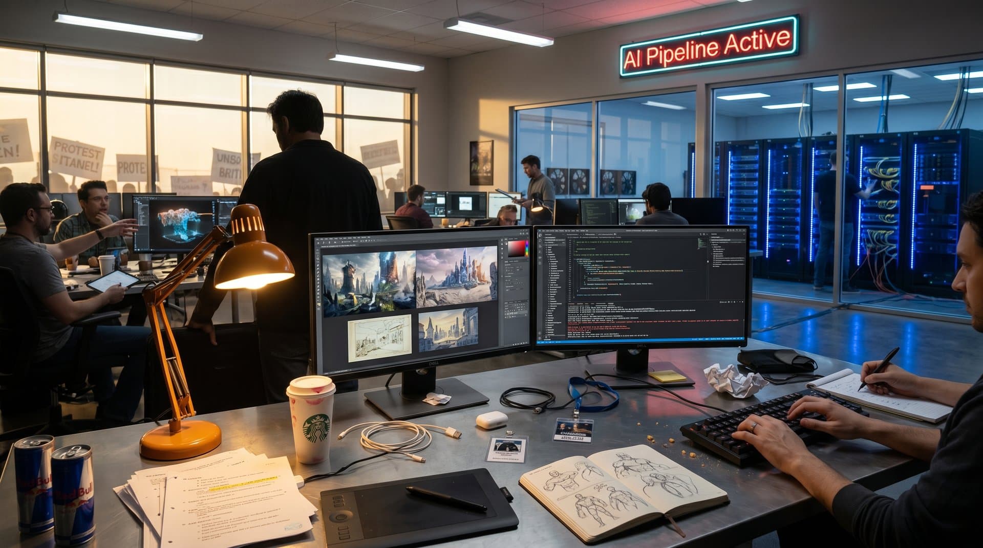 VFX artist packs workstation amid AI render farm in Hollywood studio, evoking job loss tension