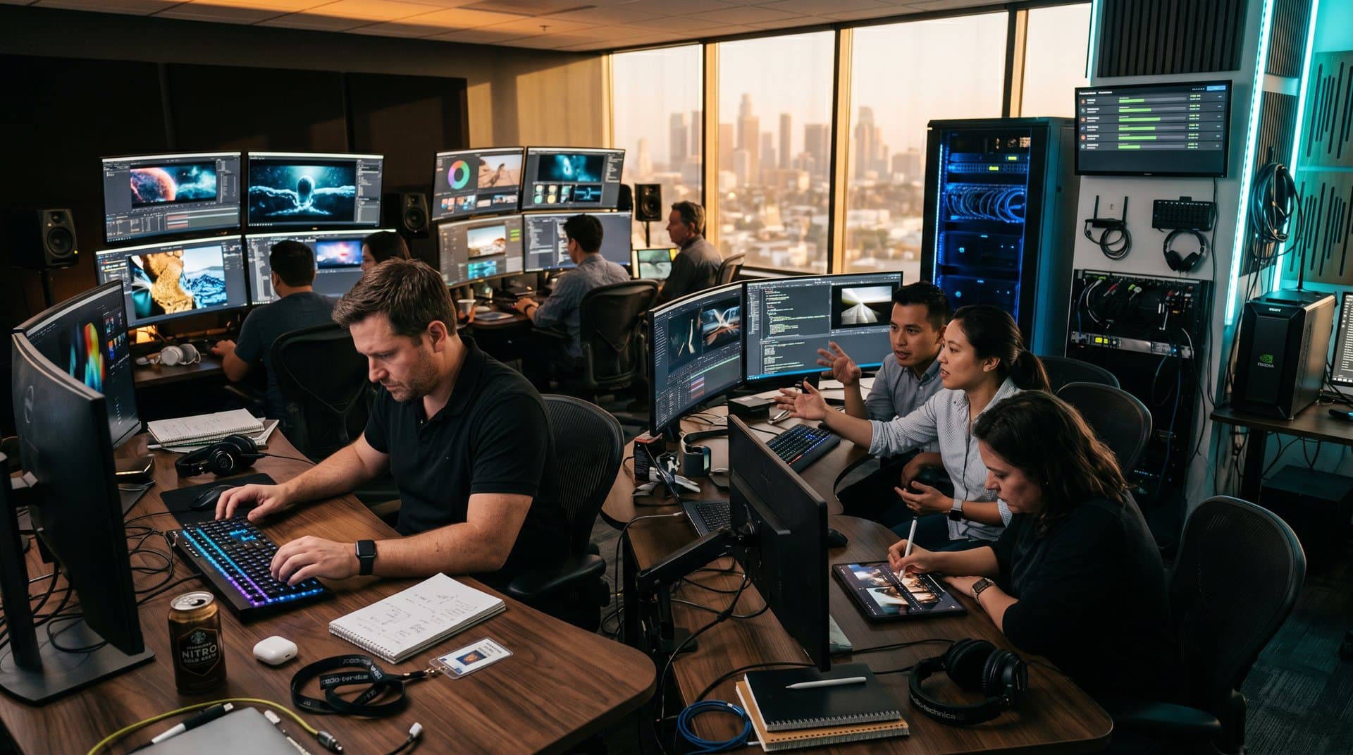 VFX team in modern Los Angeles post-production suite with AI screens, keyboards, and server racks under LED lights