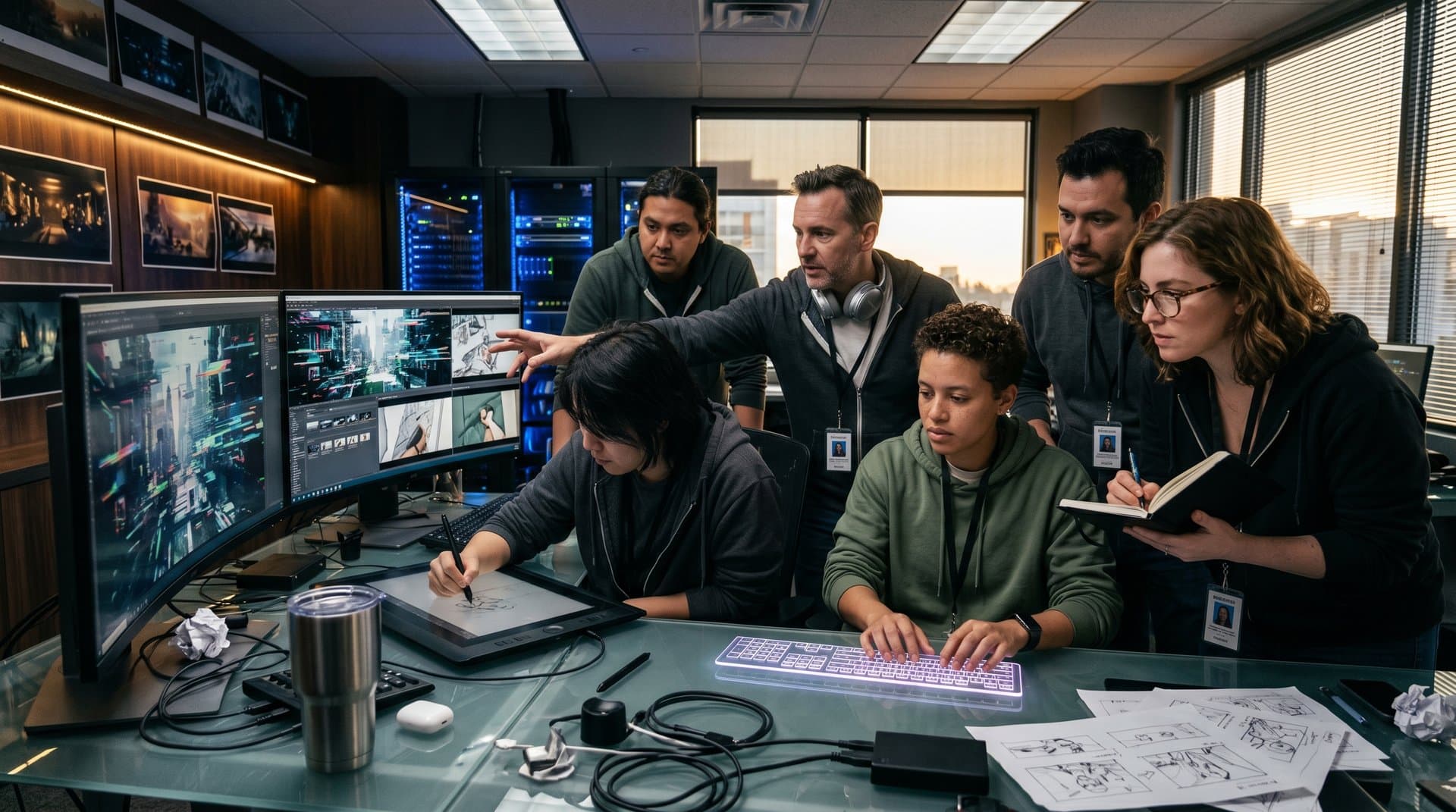 VFX artists in Hollywood studio review disrupted AI-generated scenes on multi-monitor setup amid glowing server racks