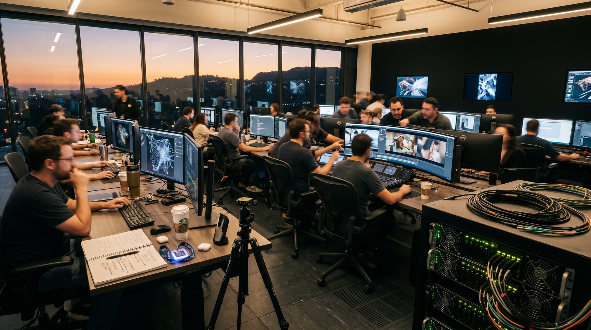 Empty VFX studio desks with AI screens and render farms in Hollywood, evoking job displacement