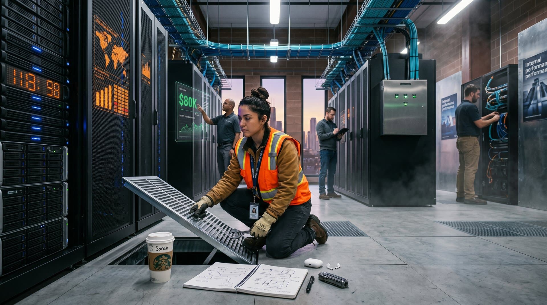 Engineer adjusts cooling vents in high-tech Chicago data center amid glowing GPU racks and AI supply chain dashboards