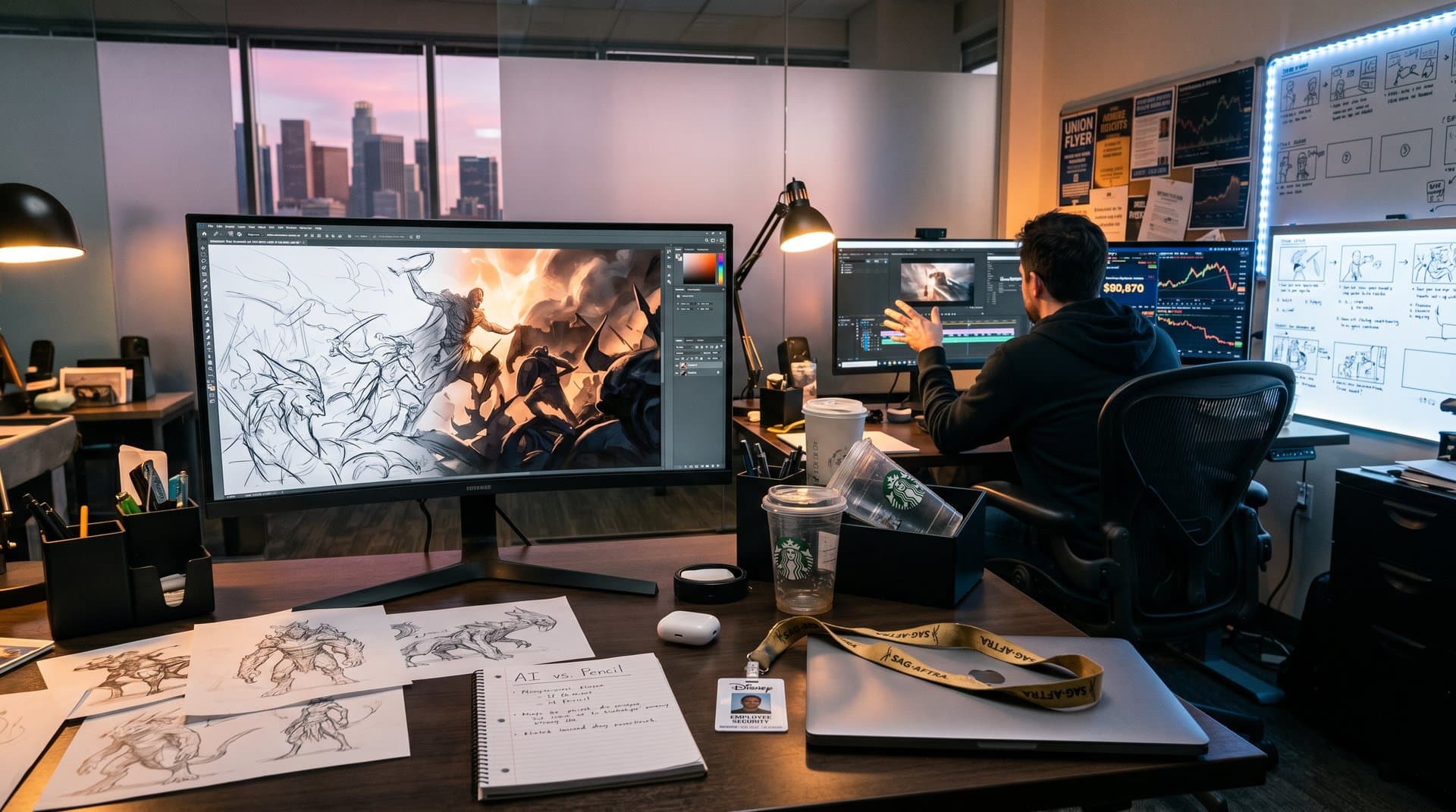 Storyboard artist packs sketches as AI screens glow with generated art and Bitcoin ticker in Hollywood studio