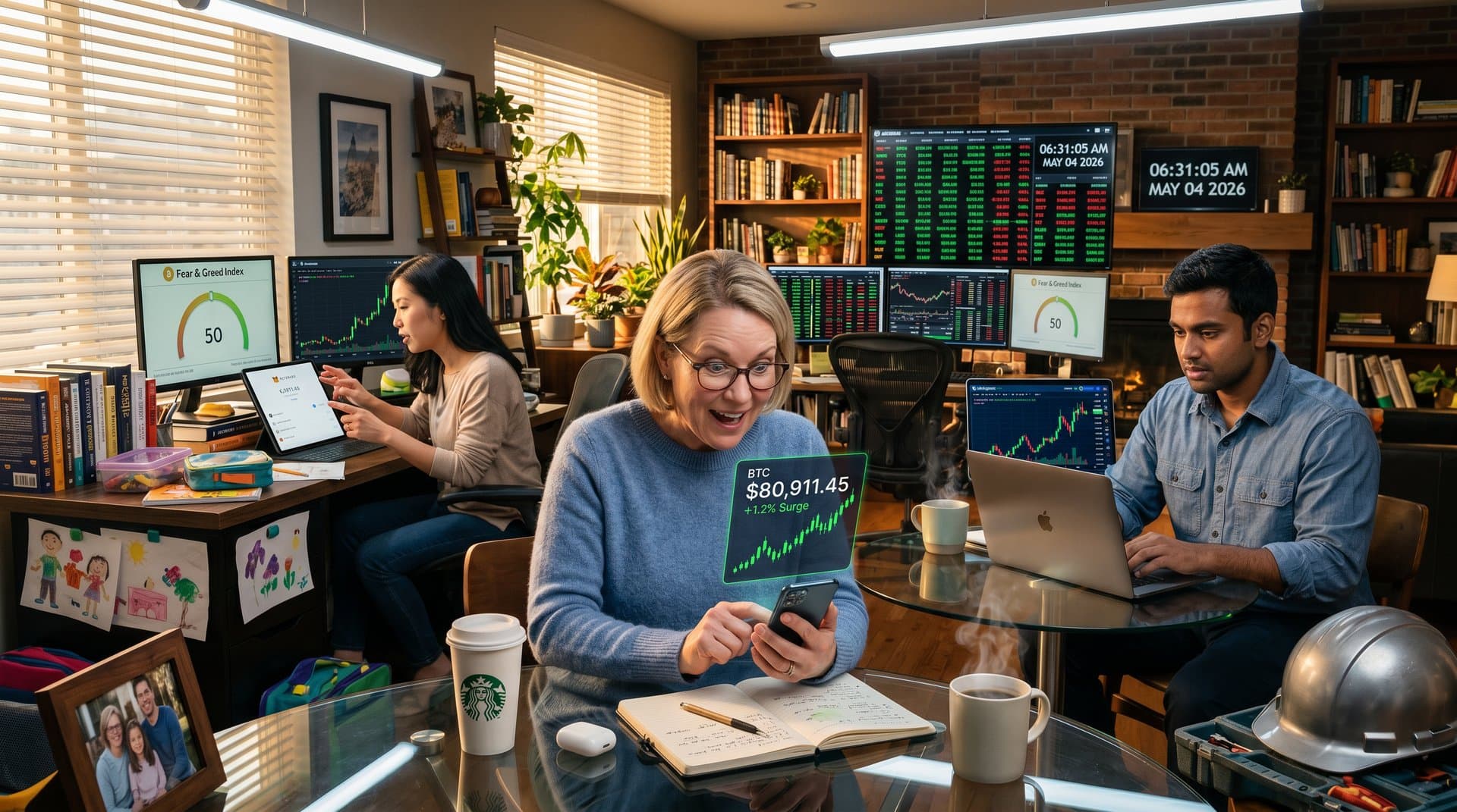 Everyday investors monitor Bitcoin price surge to $80,911 on devices in home settings, sharing stories of gains and risks