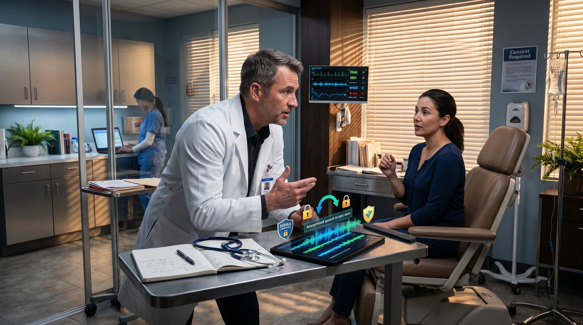 Patient and doctor in exam room with AI scribe tablet transcription dashboard highlighting privacy features