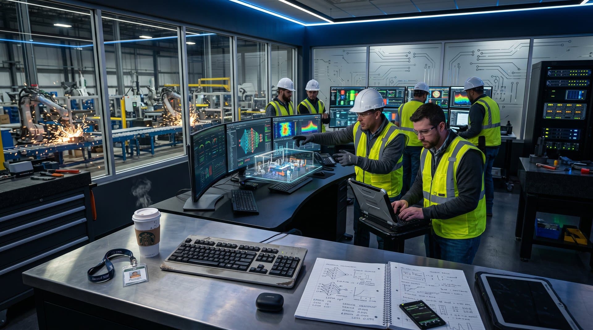 Engineers monitor AI dashboards in high-tech factory control room overseeing robotic production lines