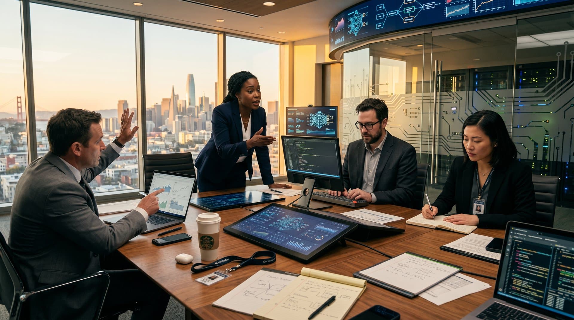 High-tech boardroom scene with AI charts on screens, San Francisco view, modern tech accessories on table