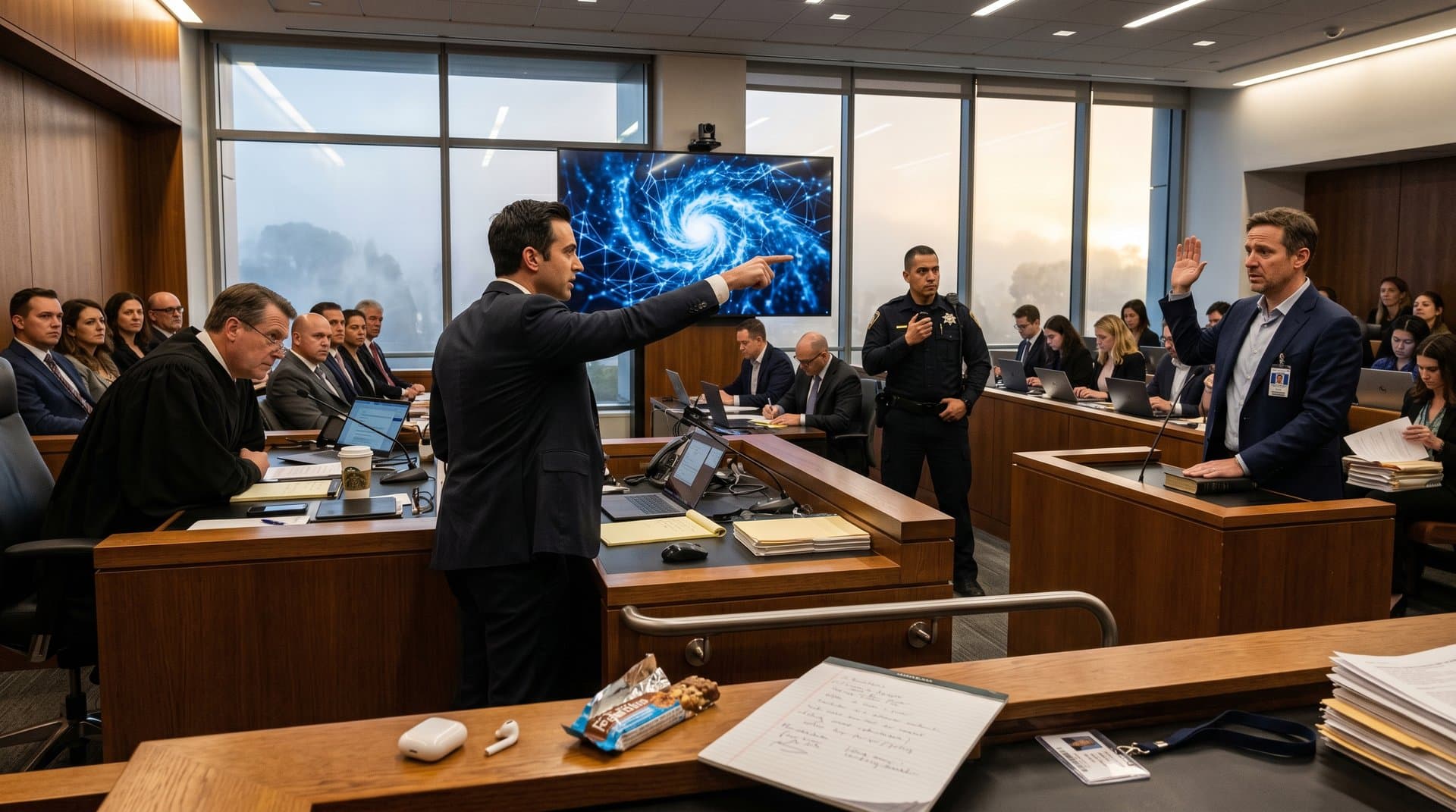 Intense courtroom battle over AI future with lawyers presenting neural networks, judge presiding, tech crowd watching