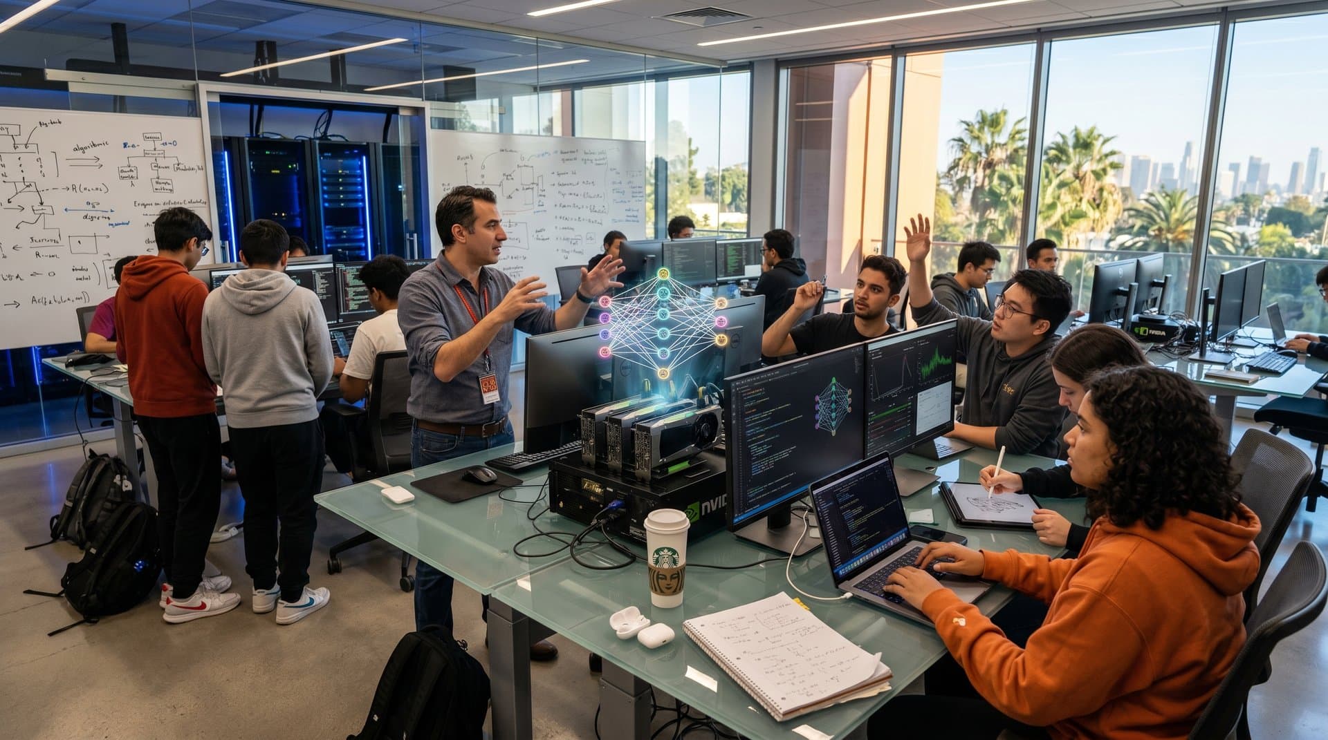 Diverse students and professor collaborate in modern USC AI lab with neural nets on screens, server racks, and LA skyline view