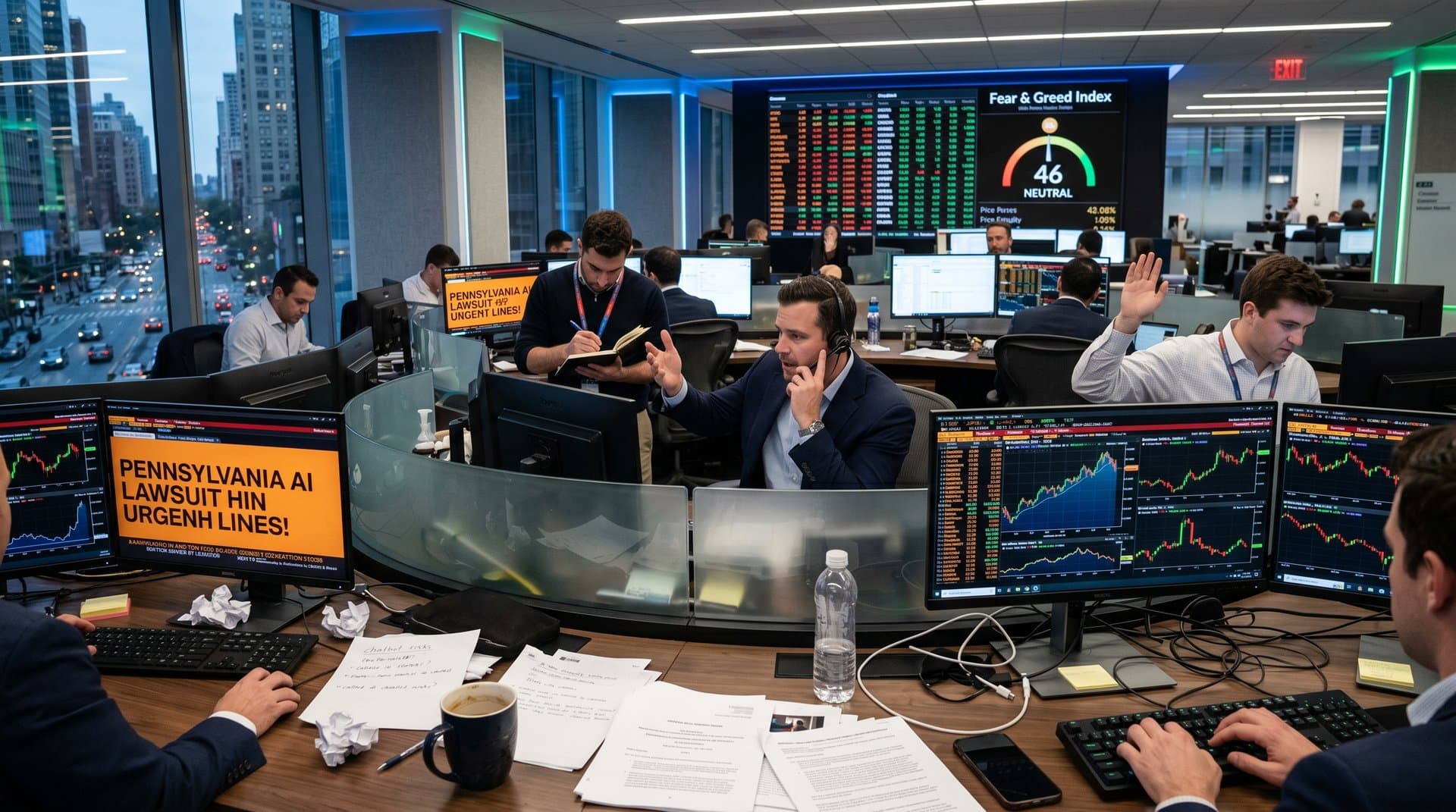 Trading desk with screens showing Pennsylvania Character.AI lawsuit and crypto charts against city skyline