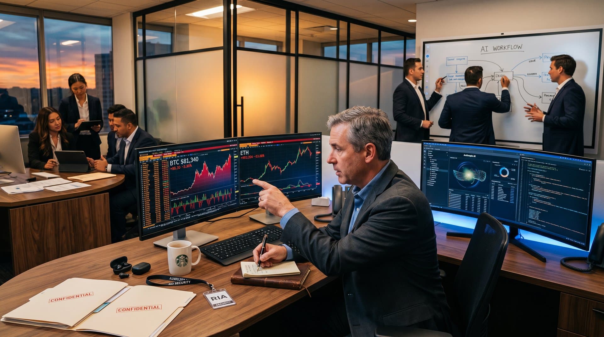 Financial advisor desk with Bloomberg crypto charts and AI agent demos in modern office