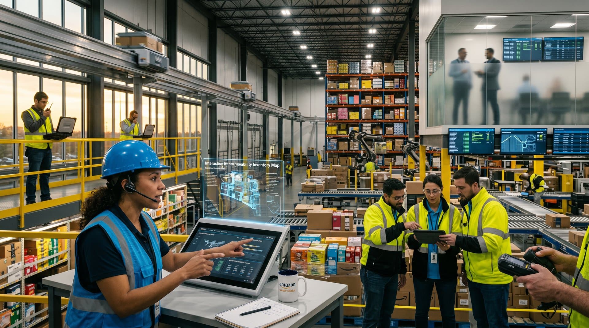Warehouse workers direct AI robots and monitor systems in a bustling Amazon fulfillment center under dramatic lighting
