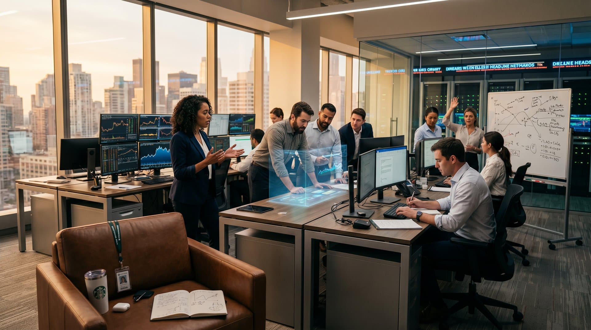 Advisors on modern trading floor viewing financial AI agents and crypto charts amid Schwab AI news