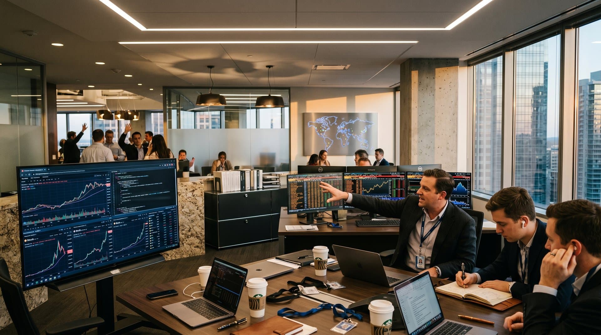 Advisors in modern Schwab conference room analyze AI agent screens amid Bloomberg terminals and market charts on multi-monitors