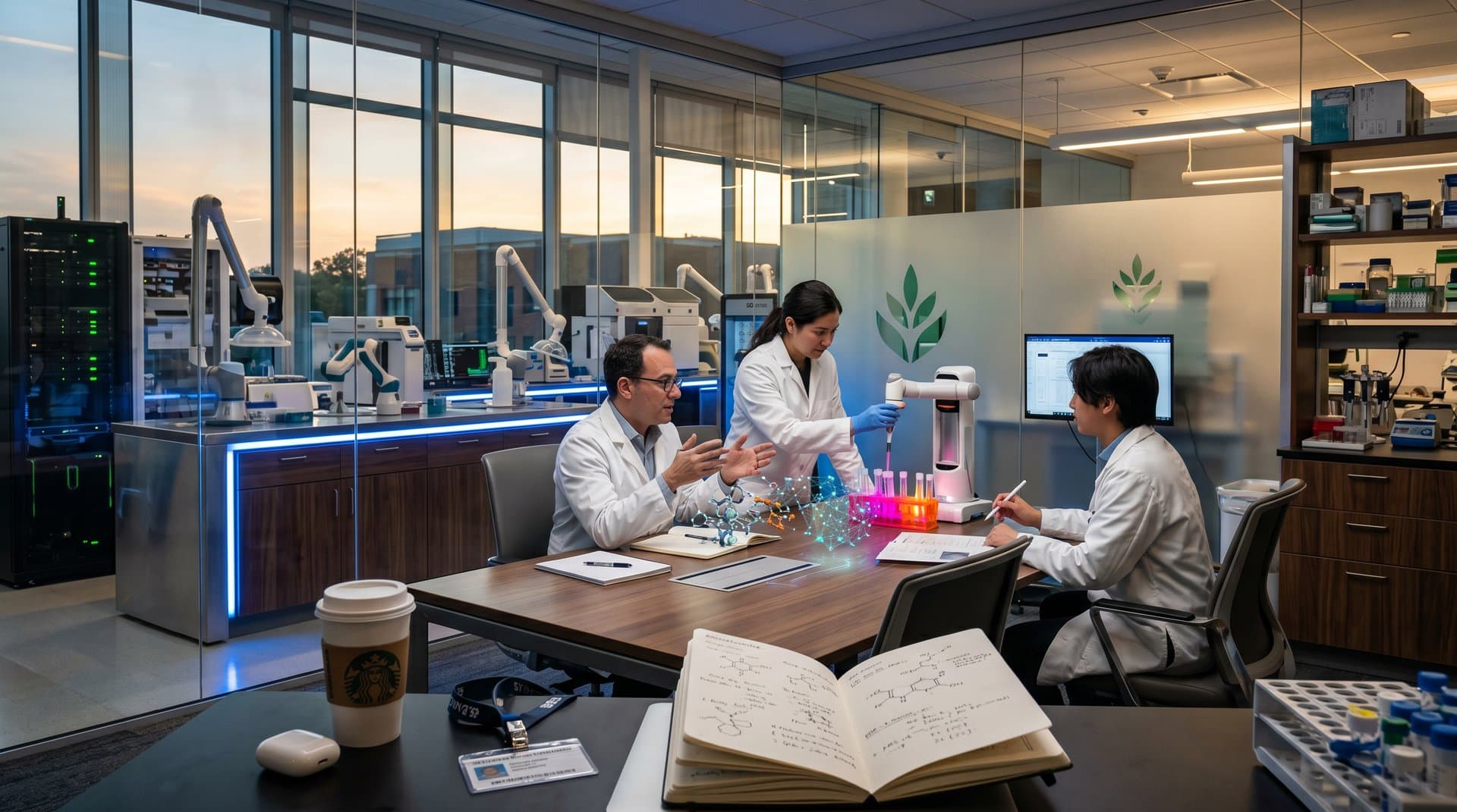 Holographic AI molecular simulations and robotic lab automation in a sustainable high-tech research facility