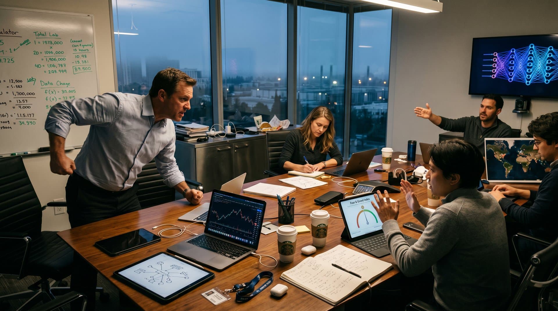 Silhouetted tech leaders in tense boardroom clash amid AI neural nets and BTC charts