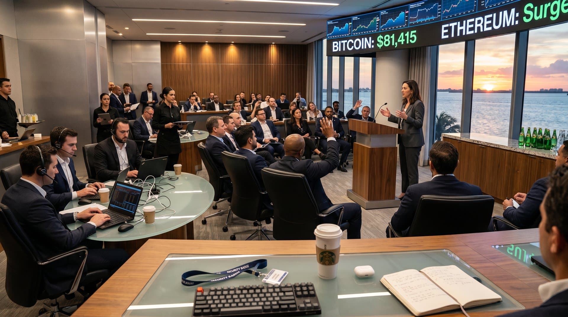 Crypto policy panel in Miami auditorium with charts on screens, executives at tables, and Biscayne Bay view