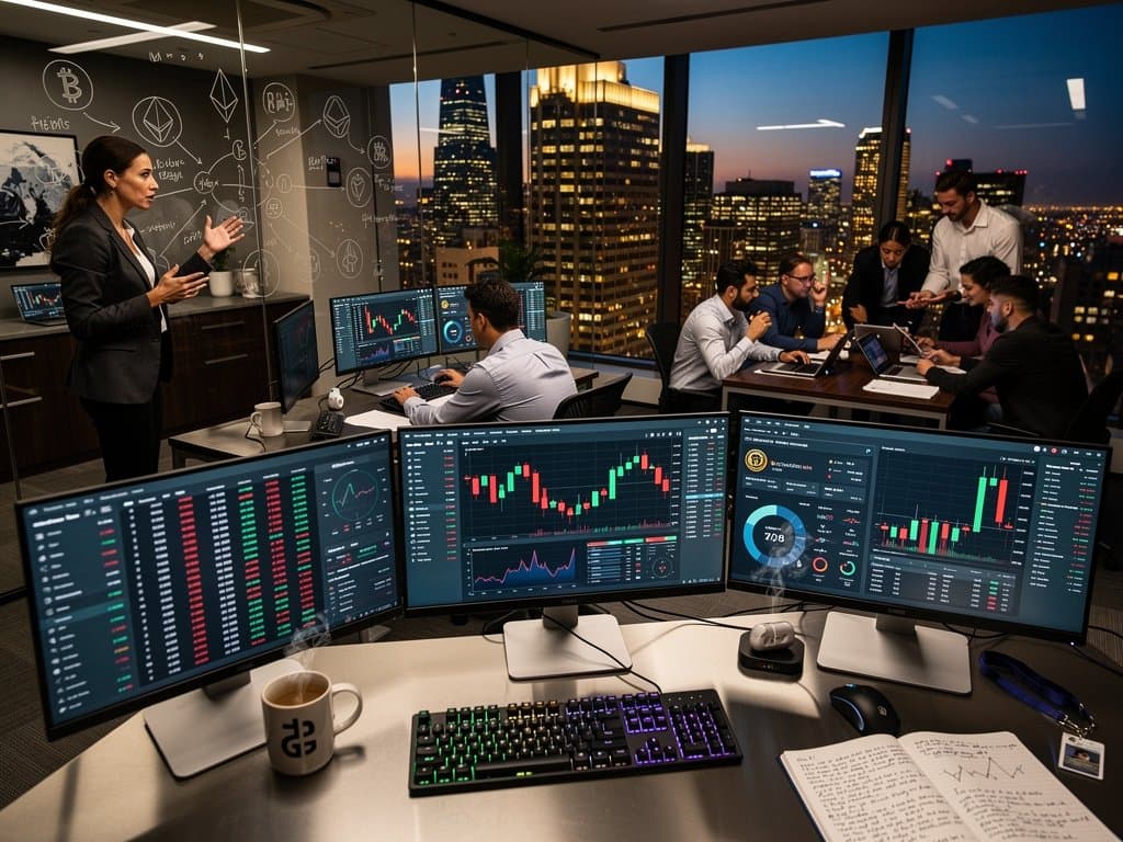 Trader analyzes crypto biographies-inspired charts on multi-monitor setup amid bustling trading floor with market fear visuals