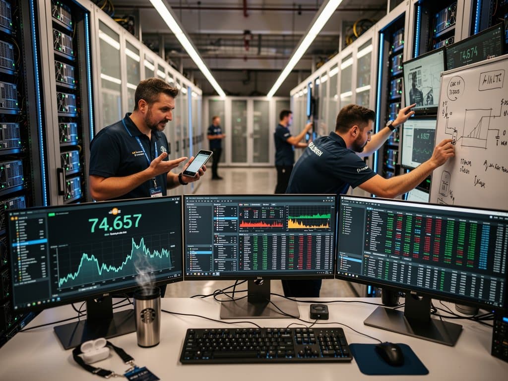 Engineers monitor ASIC miners and Bitcoin price charts in a high-tech data center with glowing racks and digital displays