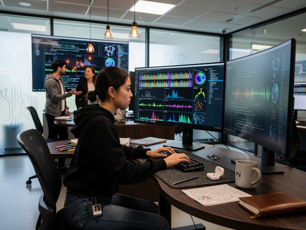 Engineers at Meta AI lab desks with neural net screens, frosted partitions, server racks, and modern tech amid collaborative discussion