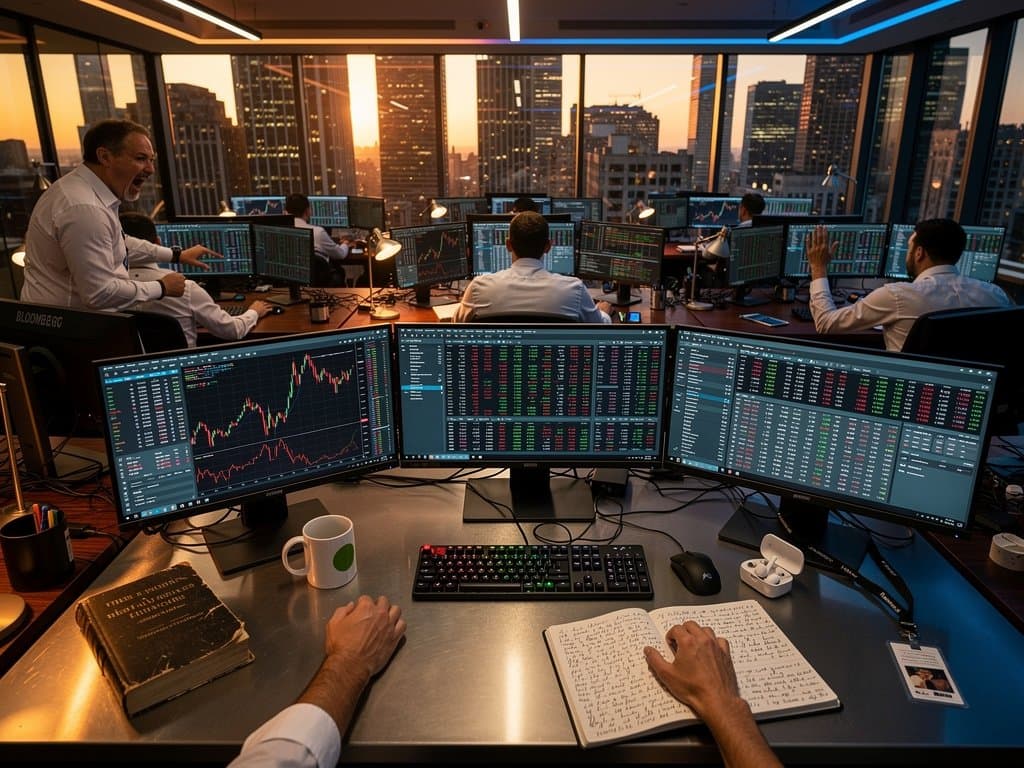 Traders monitor BTC $73K charts and Fear 23 index amid crypto biography books on desks