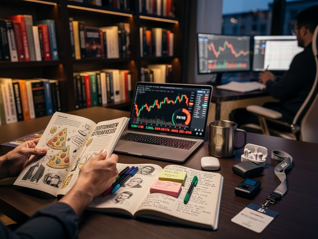 Home office scene with crypto pioneer biographies, BTC chart, and Fear Index on laptop amid market volatility