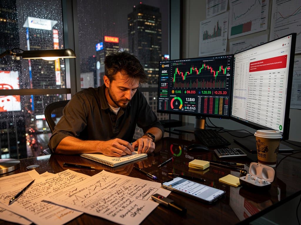 Dimly lit home office laptop showing BTC at $74,862, Fear & Greed Index 23, tax software, and IRS forms on cluttered desk