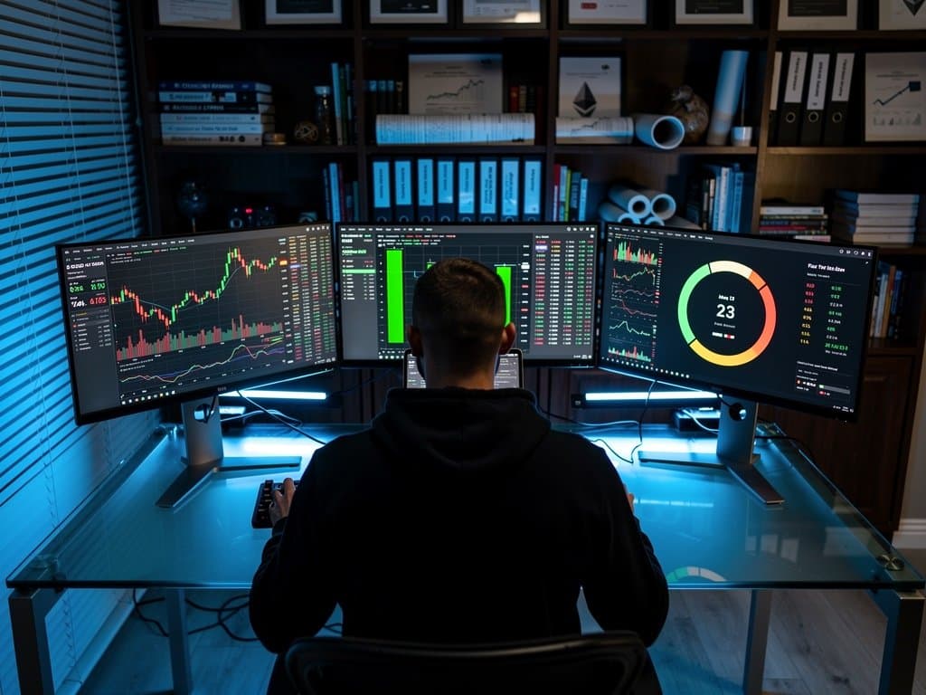 Anonymous trader in hoodie analyzes Polymarket Biden pardons charts on laptop amid dimly lit home office with crypto tickers and Fear & Greed Index visible