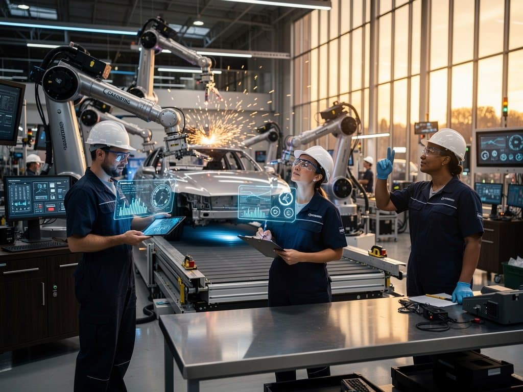 Autoworker confronts robotic assembly line on factory floor amid AI screens and union flyers