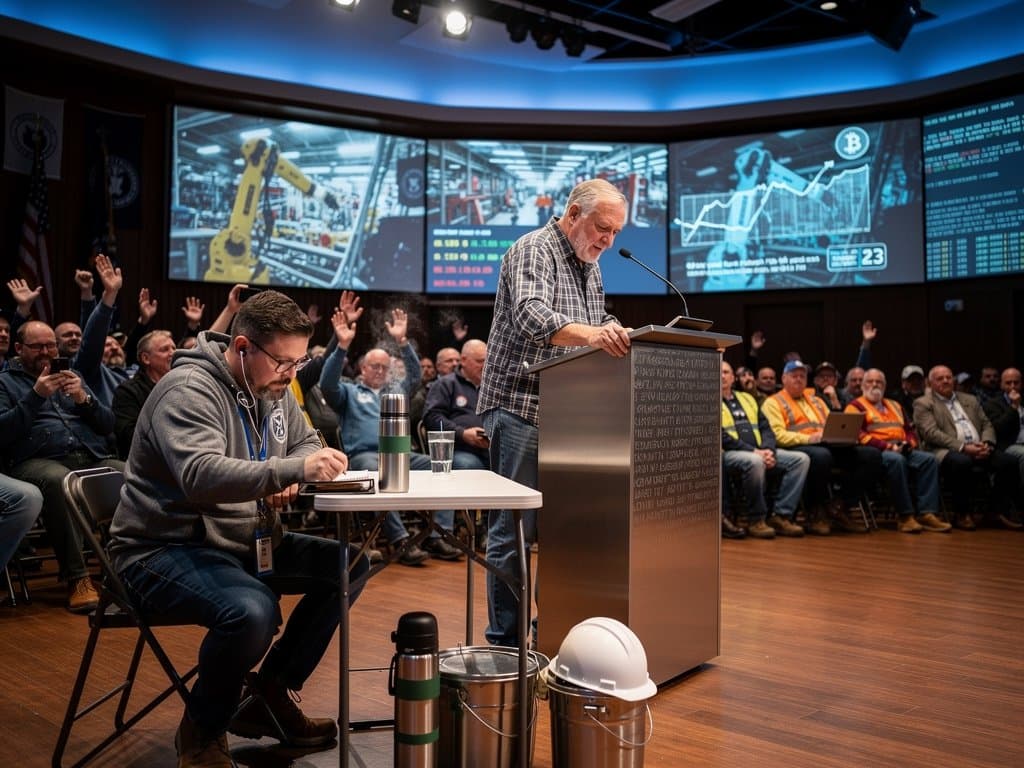 Vermont town hall stage with worker hardhats, robotic projections, and crypto charts under tense lighting