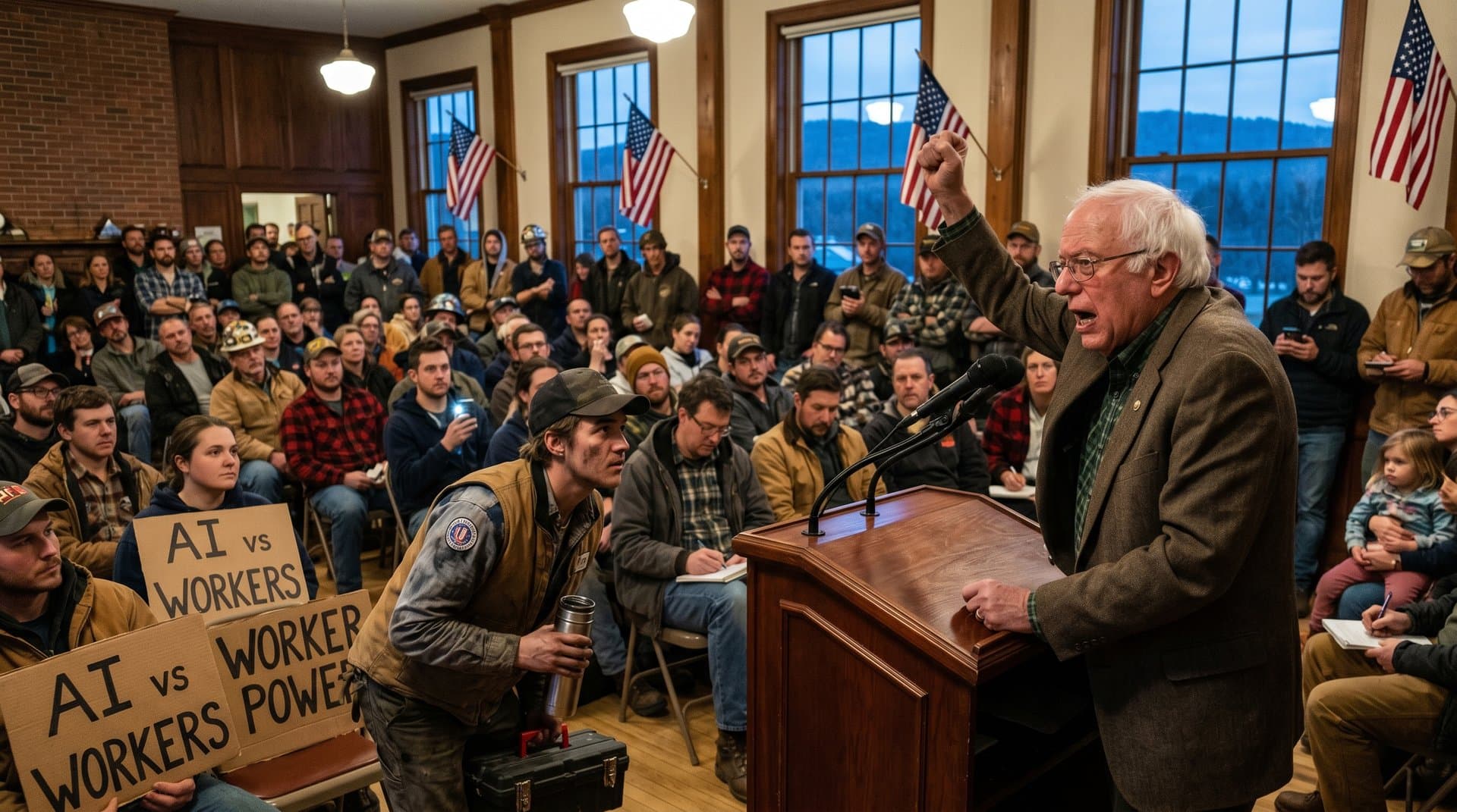 Town hall scene: anonymous speaker rallies workers against AI job threats, crowd engaged with signs and smartphones
