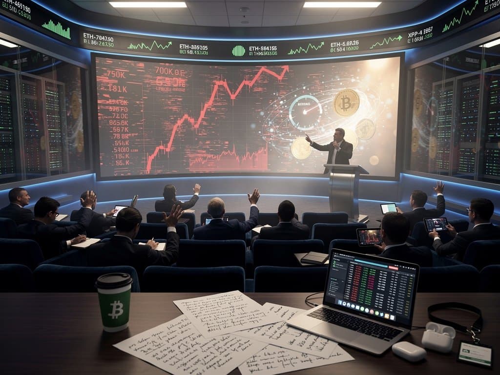 Hollywood director analyzes crypto scandals on screen amid BTC charts and extreme fear indicators in tense screening room