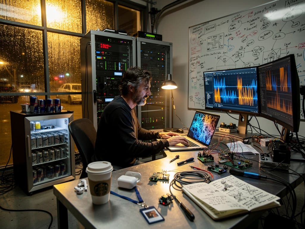 Dimly lit garage lab at night with glowing laptop neural networks, monitors, server racks, and workbench clutter evoking AI founder's gritty breakthrough chase