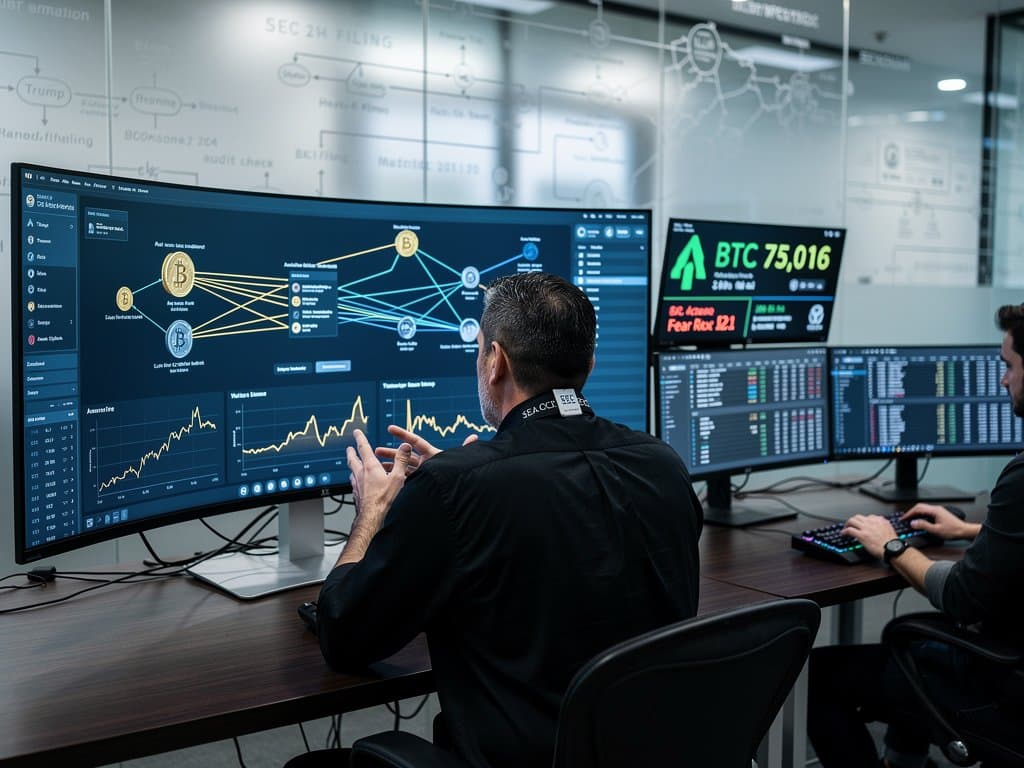 Documentary editing suite screens showing Trump coin blockchain scams, BTC $75K ticker, Fear & Greed 21, research desk with victim notes and code