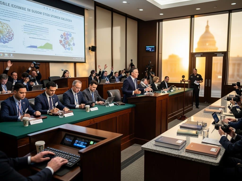 Congressional hearing room scene: moderator at dais leads AI prosperity roundtable with expert panel, glowing screens, attentive lawmakers and journalists, Capitol backdrop