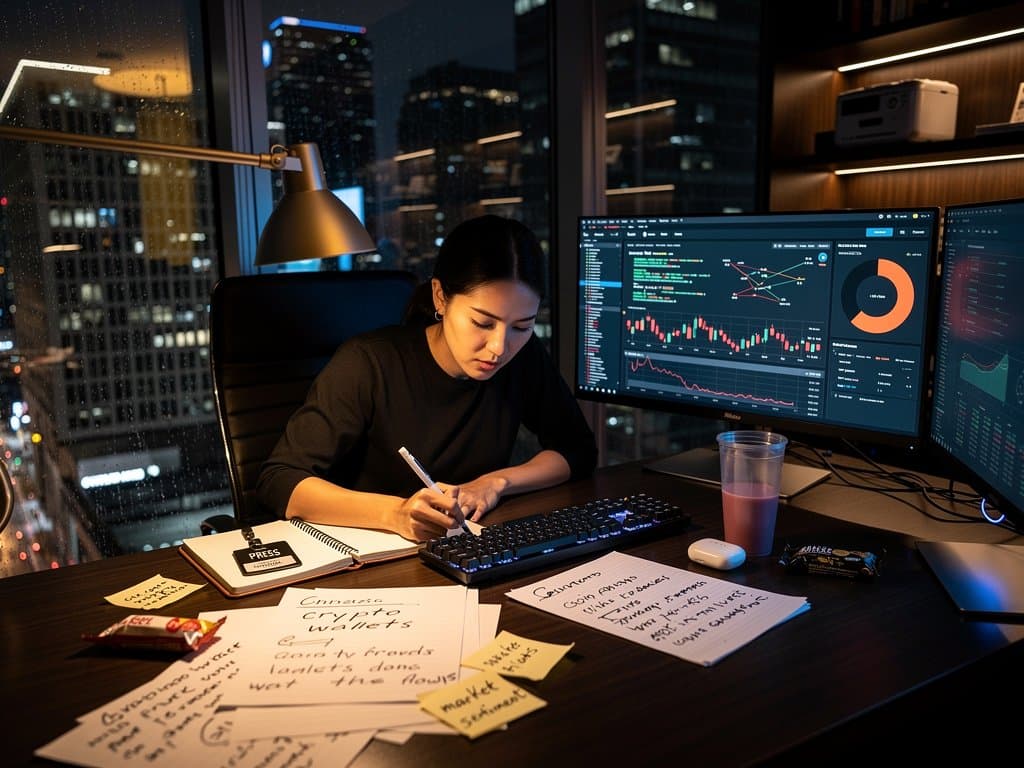 Investigator pores over crypto charts and blockchain data in dimly lit office amid Fear & Greed panic