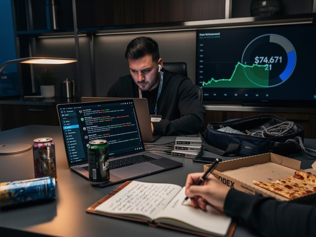 Dimly lit office with laptop showing crypto chat logs, BTC chart at $74K, Fear Index 21, CNN crypto documentary poster in background
