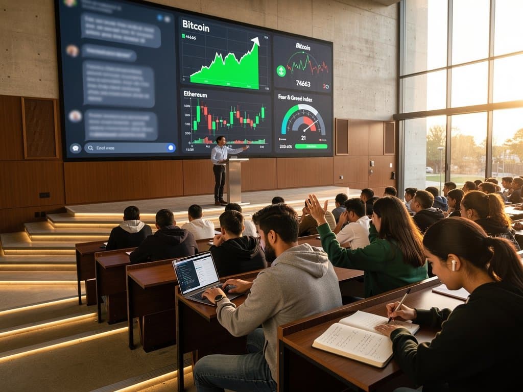 MVNU students and professor in Mexican university lecture hall using generative AI for crypto analysis, screens show BTC charts and Fear & Greed Index