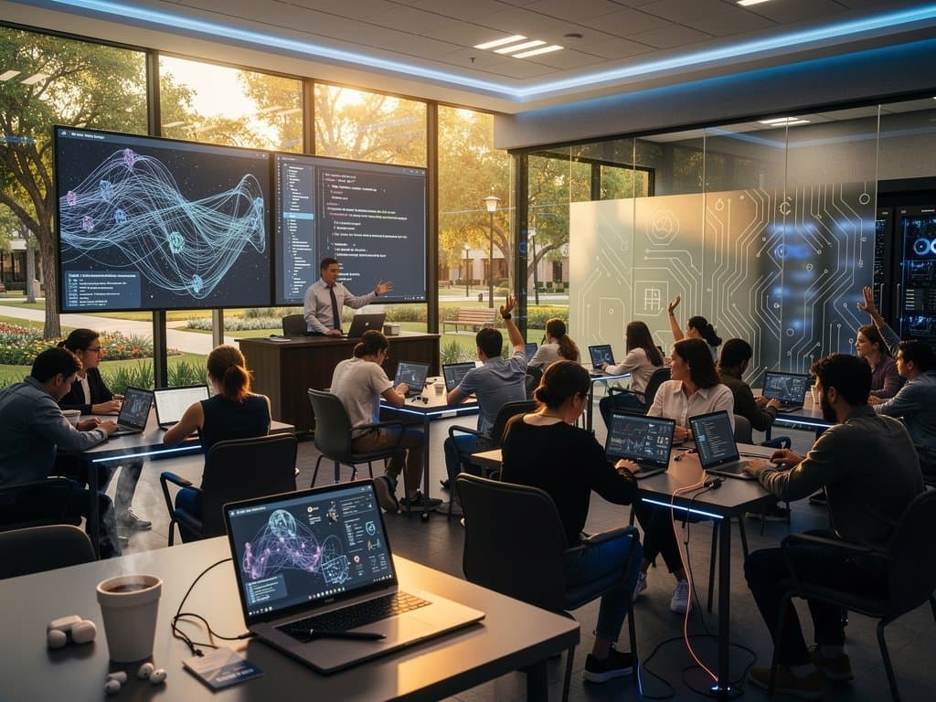 Professor and students collaborate intensely in modern Mexican university AI lab amid screens of generative models, GPUs, and data viz tools