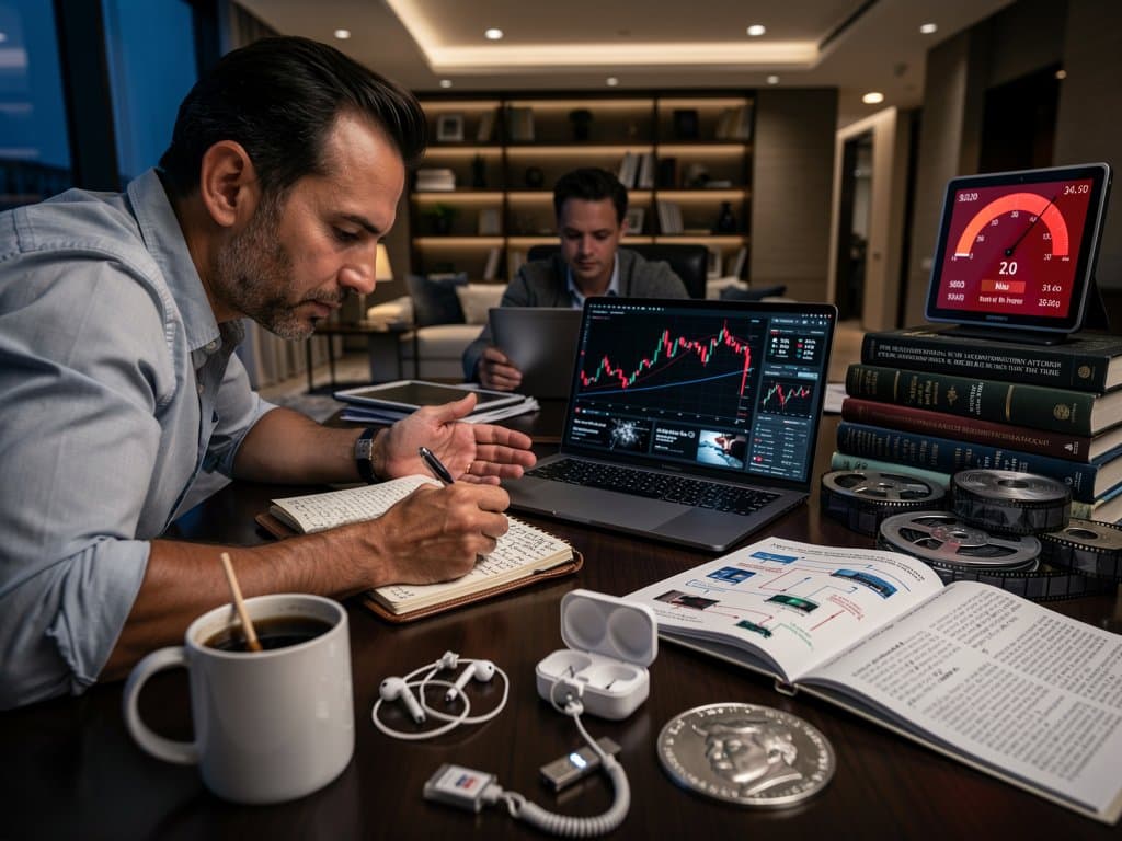 Investigator in dimly lit office analyzing crypto scams, Bitcoin charts at $75K, documentary elements like fraud flowcharts
