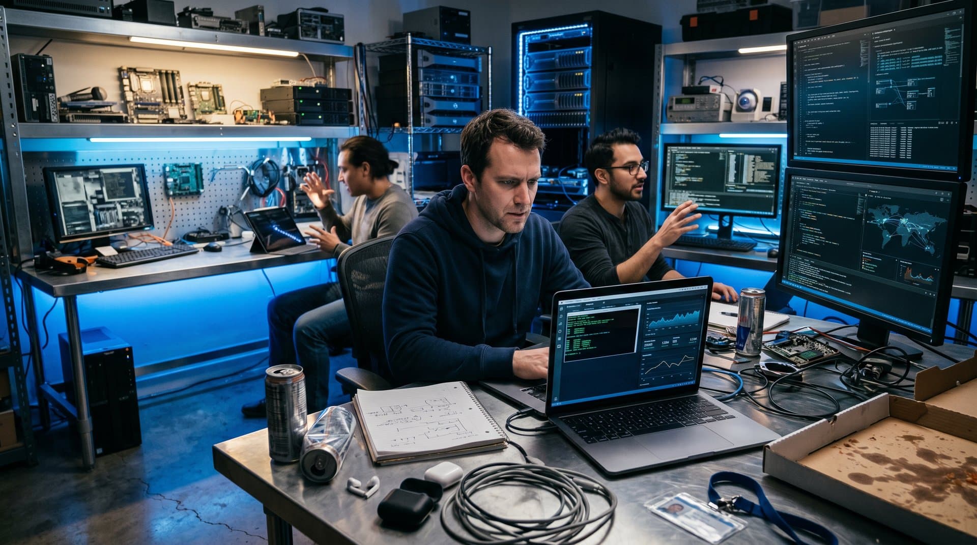 Garage tech lab with laptop showing Cloudflare AI dashboard, crypto charts at BTC $75K, Fear Index 21, and edge network map amid developer clutter