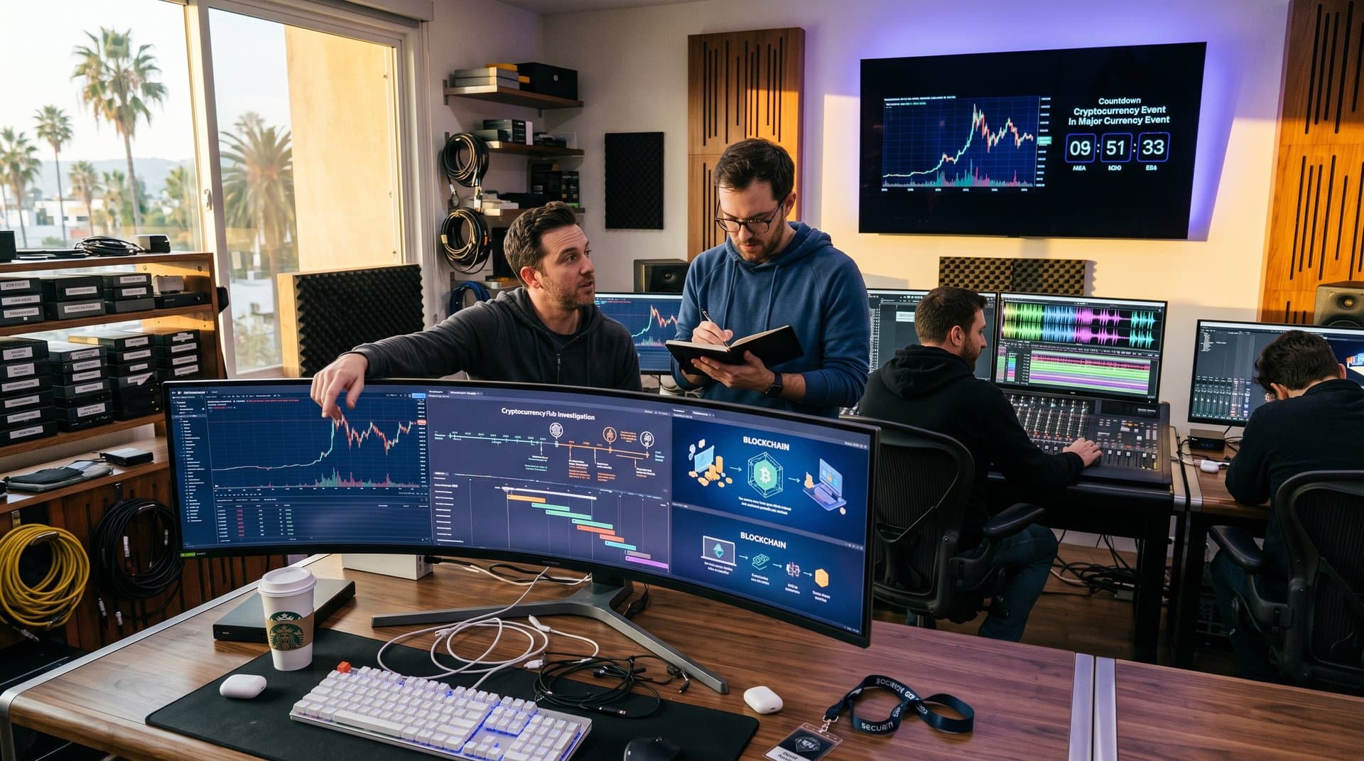 Hollywood editing suite screens alive with crypto documentary footage, charts, and blockchain visuals