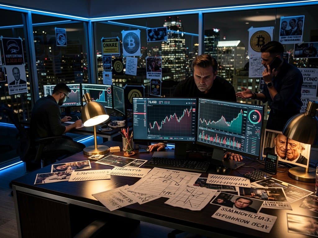 Editing suite with crypto charts and documentary footage on Ben McKenzie's fraud exposé