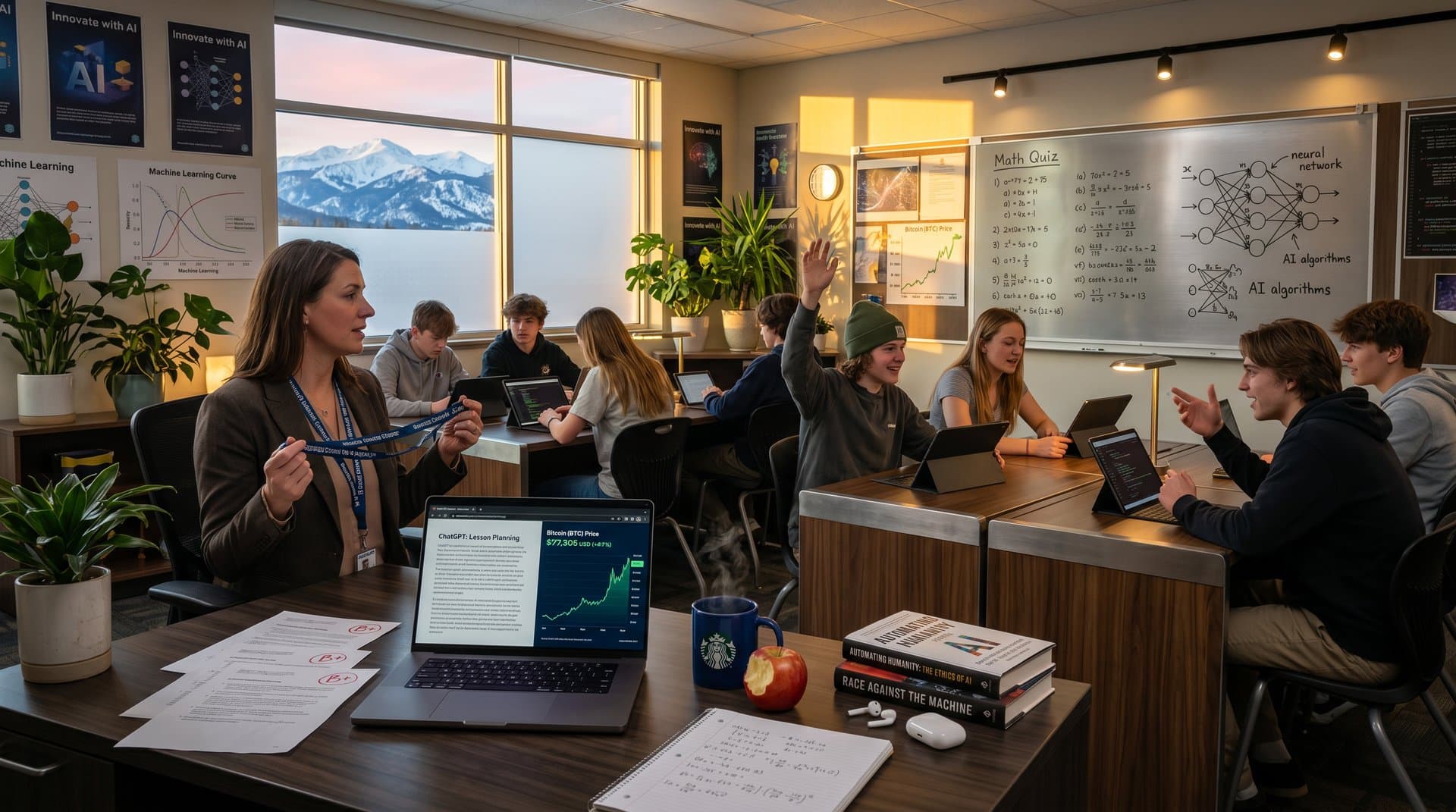 Colorado classroom scene with AI laptop, BTC chart, mountain view at dawn