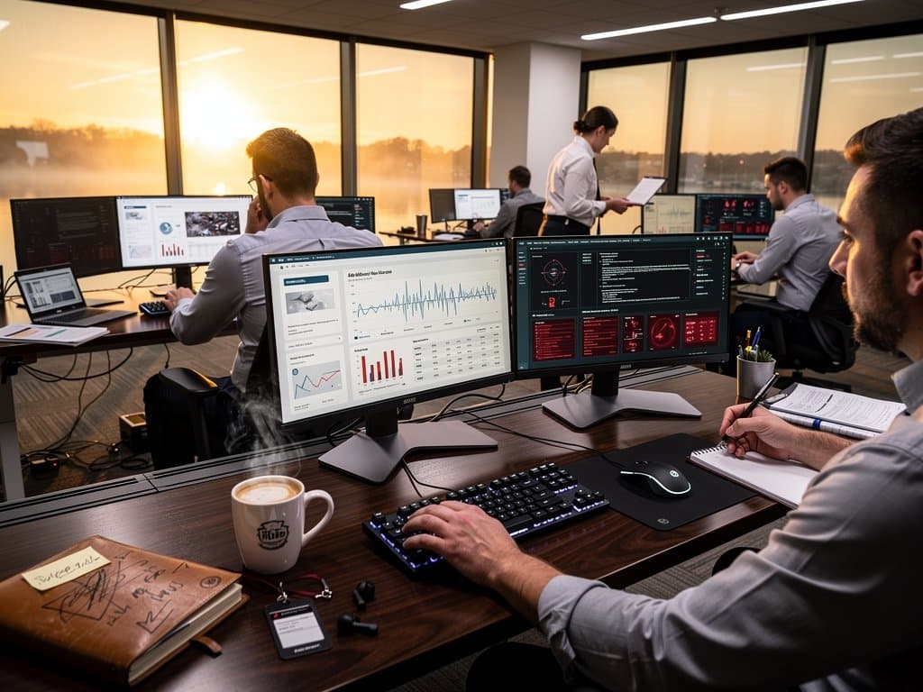 Federal office desk with glowing AI dashboards, coffee mug, and secure monitors evoking government tech transition