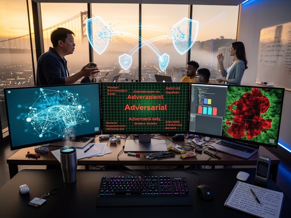 Abstract view of Anthropic AI lab with screens displaying code, safety tests, and Bay Bridge backdrop